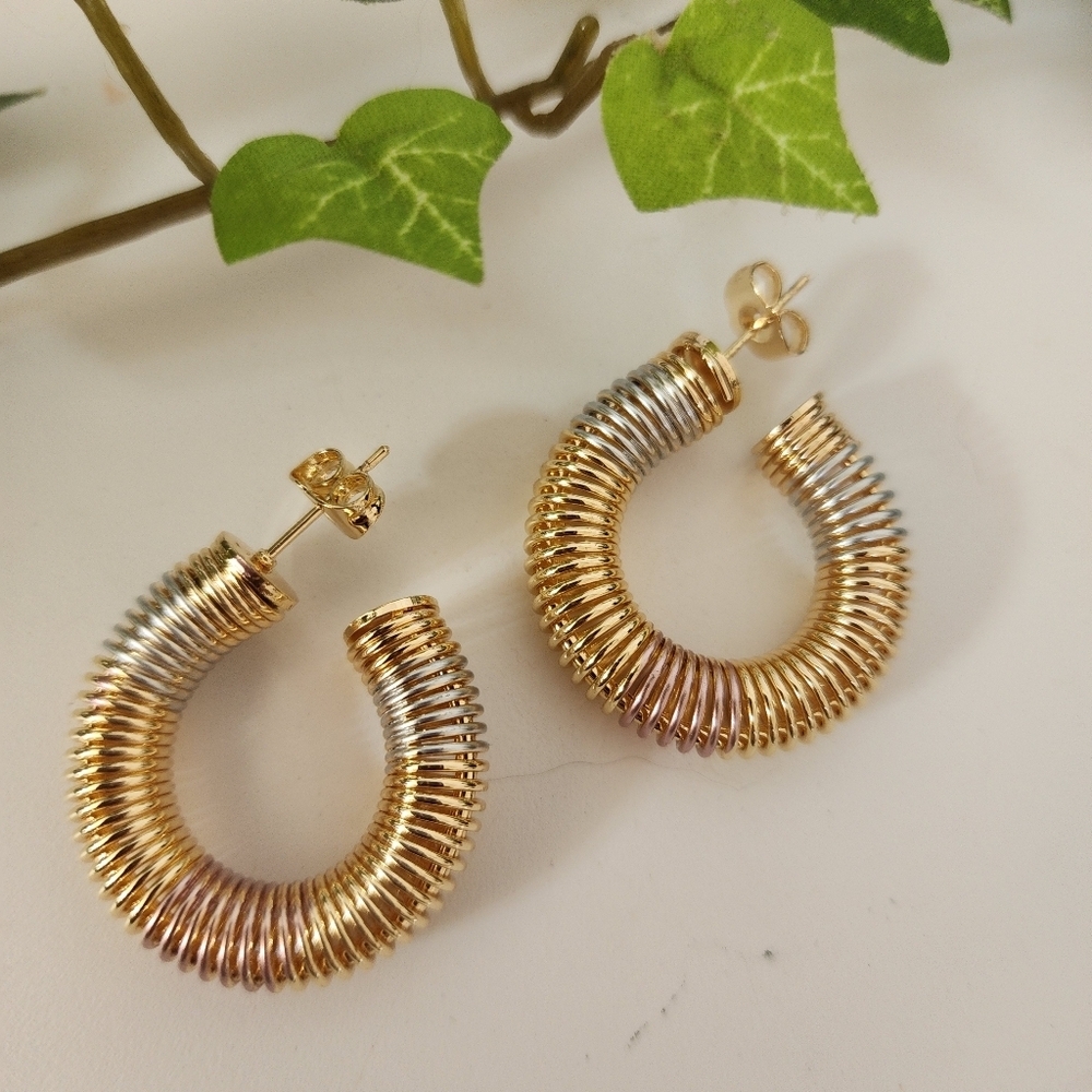 Tricolor Gold Spring Design Earrings